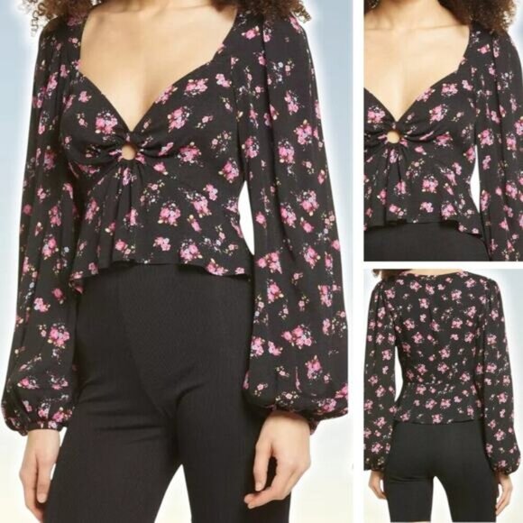 AFRM Hart Floral Print Cut-Out Peplum Top In Noir Blush Floral Sz XS - Picture 1 of 5